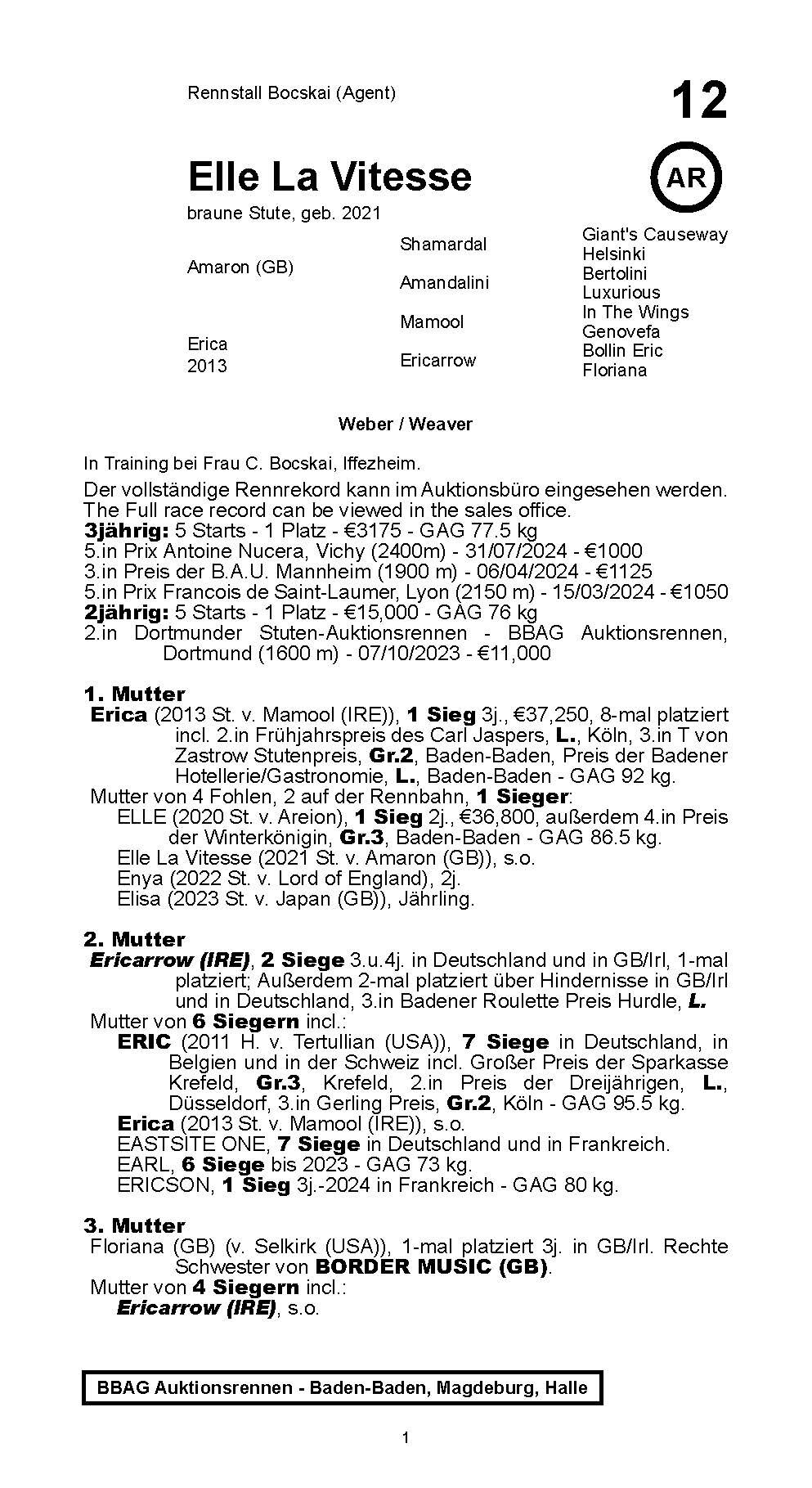 Pedigree for Elle La Vitesse (GER), 2021 | © BBAG Online
