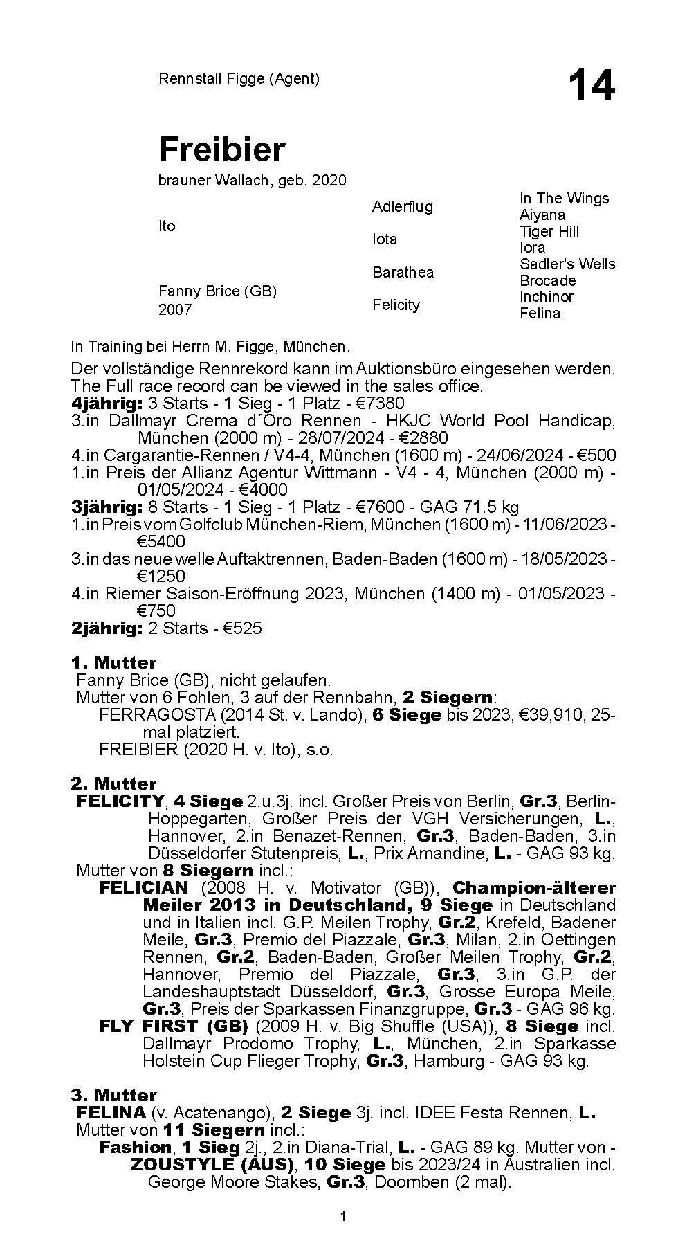 Pedigree for Freibier (GER), 2020 | © BBAG Online
