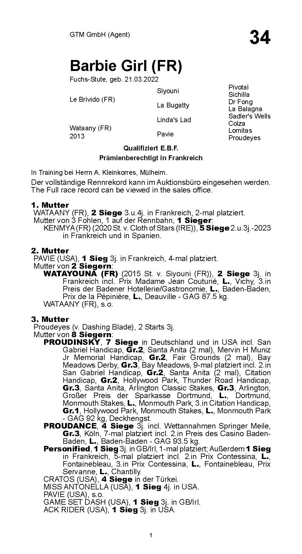 Pedigree for Barbie Girl (FRA), 2022 | © BBAG Online