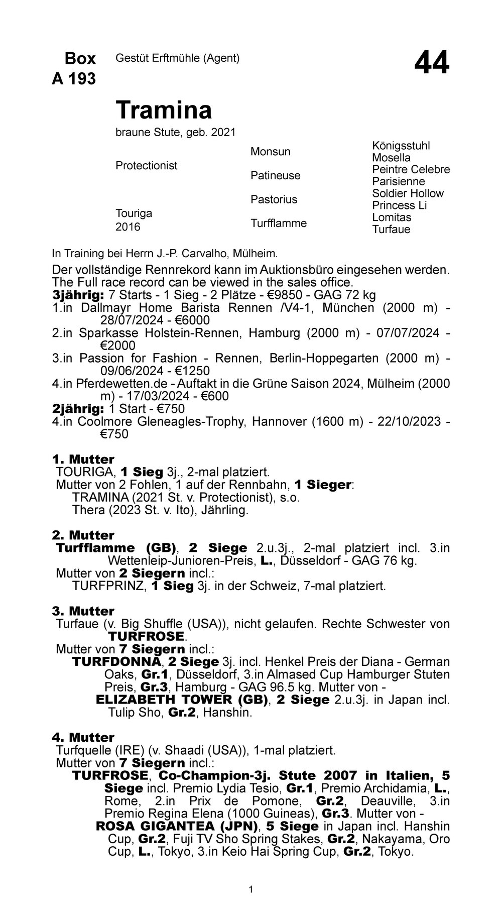 Pedigree for Tramina, 2021