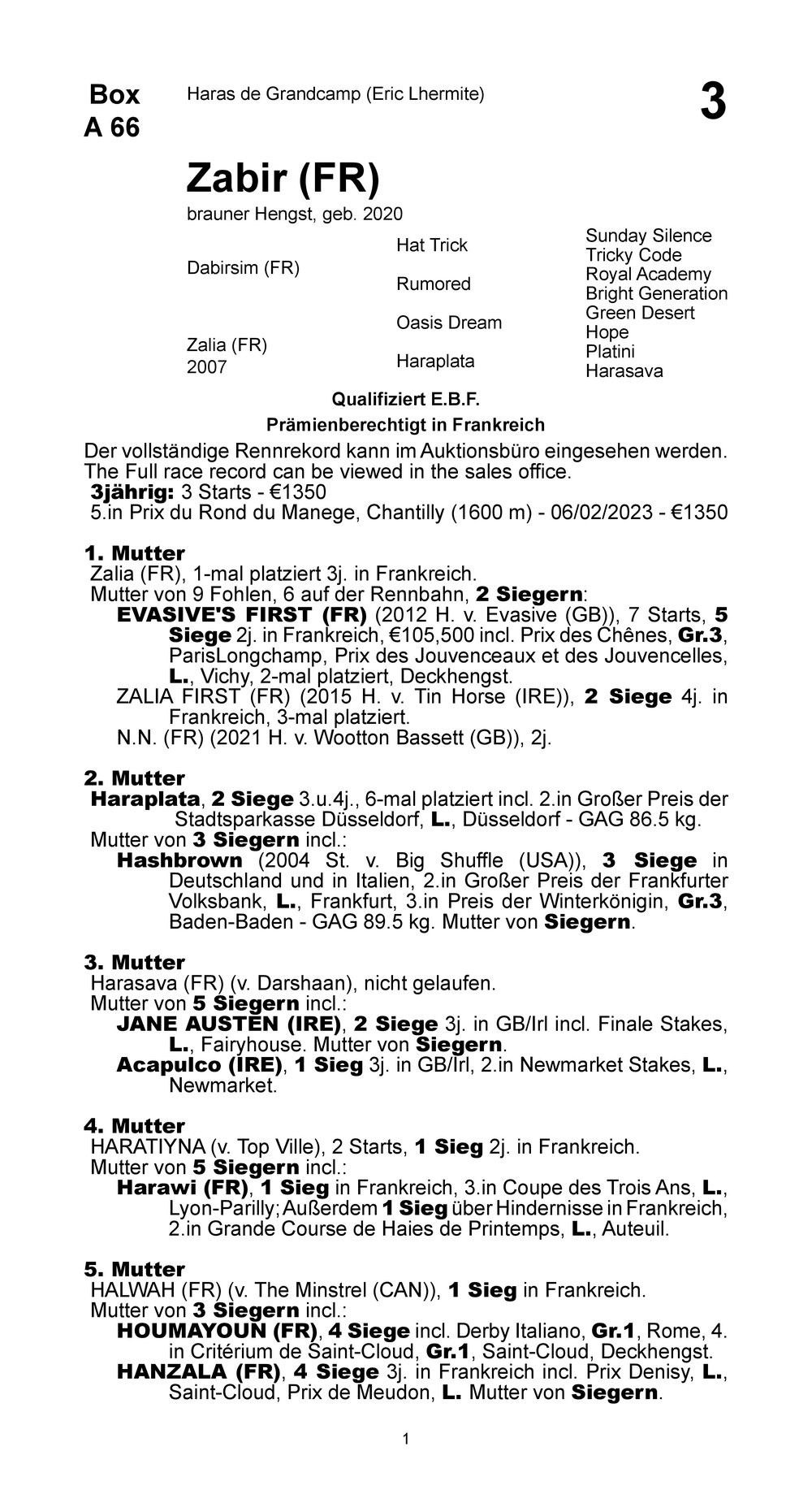 Pedigree for Zabir (FRA), 2020